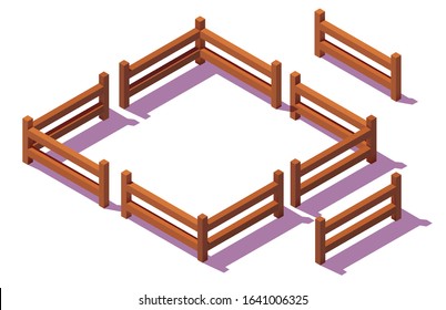 Wooden isometric fences. 3D realistic icons. Design elements isolated on white background. Vector illustration
