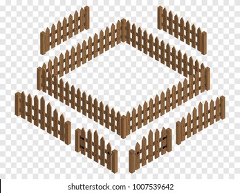 Wooden isometric fences and gates. Vector template. Design elements  isolated on checkered background.