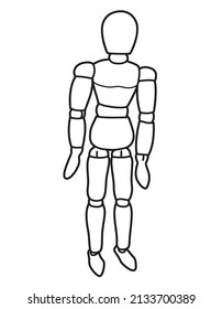 Wooden jointed doll for drawing people outlined for coloring page on white background