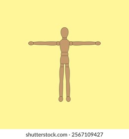 Wooden jointed doll vector illustration on yellow background. Artist mannequin toy