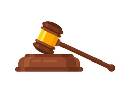 Wooden Judge Ceremonial Hammer Of The Chairman With A Curly Handle, For Adjudication Of Sentences And Bills, Court, Justice, With A Wooden Stand. Vector Illustration Isolated.