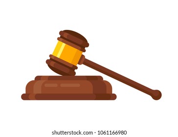 Wooden judge ceremonial hammer of the chairman with a curly handle, for adjudication of sentences and bills, court, justice, with a wooden stand. Vector illustration isolated.
