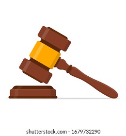 Wooden judge ceremonial hammer of the chairman with curly handle, for adjudication of sentences and bills, court, justice, with a wooden stand.Judge Wood Hammer auction, judgment. vector illustration.