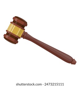 Wooden judge ceremonial hammer of the chairman for adjudication of sentences and bills. Legal law and auction symbol. Vector illustration in flat design