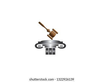 Wooden Judge gavel and auction hammer law on an old roman pillar or column for logo design