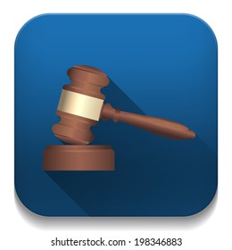 A wooden judge gavel and soundboard With long shadow over app button