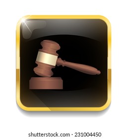 A wooden judge gavel and soundboard With long shadow over app button