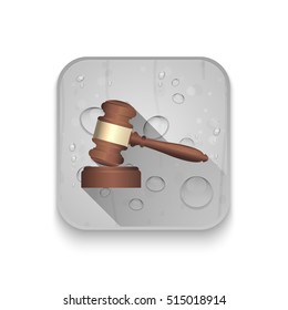 A wooden judge gavel and soundboard With long shadow over app button