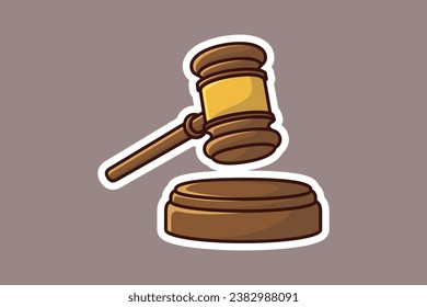 Hölzerne Richterin Gavel und Soundboard Sticker Vektorgrafik. Das Symbol-Konzept des Justizhammer-Zeichens Konzept von Recht und Gerechtigkeit.