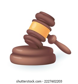 Wooden judges gavel on soundboard 3D icon. Old hammer of lawyer for judicial criminal verdict in court 3D vector illustration on white background. Justice and punishment, auction, judgment concept