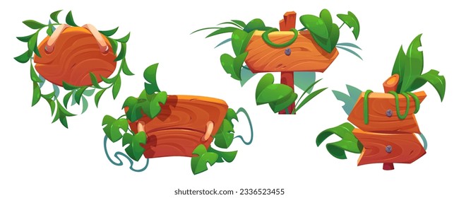 Wooden jungle game ui sign board cartoon vector. Forest wood signage frame banner with tropical design isolated. Tropic menu label for summer interface. Arrow for direction on timber stick clipart