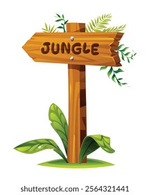 Wooden jungle sign with leafy plants and natural green base. Vector cartoon illustration