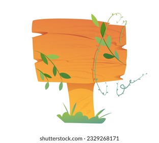 Wooden jungle signboard. Relistic pointer with exotic tropical plants and foliage. Wood direction sign for social media and website. Cartoon flat vector illustration isolated on white background