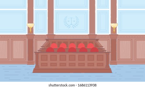 Wooden Jury Box in Court House Hall Interior. Empty Trail red Room Background. Flat Vector Illustration.