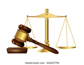 wooden justice gavel and scales. vector