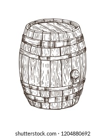 Wooden keg for alcohol drinks isolated graphic art, vector illustration of oak cask for different beverages storing, pencil sketch of wooden container