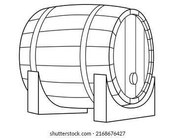 Wooden keg lying on stand - vector linear element for coloring logo or pictogram. Outline. Barrel lying on its side for a coloring book