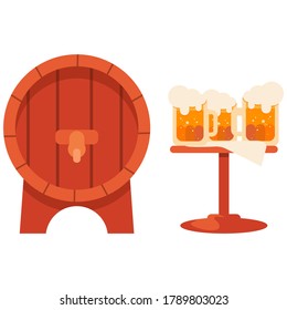 Wooden keg and mugs of beer on white isolated backdrop. Brewery for invitation or gift card, notebook, craft beer shop logo, scrapbook. Phone case or cloth print. Flat style stock vector illustration