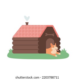 Wooden kennel with lying dog inside. Flat vector Illustration on a white background