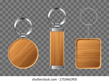 Wooden keychains, keyring holders with metal rings. Brown wood accessories, gift or souvenir trinkets for home, car or office isolated on transparent background. Realistic 3d vector icons, mockup set