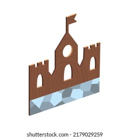 Wooden kid toy. Ecological figure of device for children. Ancient castle. Retro cartoon design playing tool for baby. No plastic