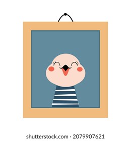 Wooden Kids Frame with Funny Bird Picture Hanging on Wall Vector Illustration