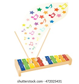 Wooden kids glockenspiel and musical notes. Vector illustration