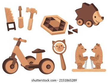 Wooden kids toys and educational puzzle games set of flat vector illustrations isolated on white background. Wooden toys made from environmentally friendly materials.