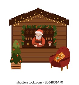 Wooden kiosk with coffee decorated with garlands, a Christmas tree, a cozy armchair. Christmas Fair. Santa Claus pours hot coffee at the counter. Cozy vector illustrations in flat hand draw cartoon 