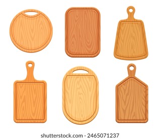 Wooden kitchen chopping boards. Vector set of cutting boards of different shapes and sizes. Made of high-quality wood grain with distinct patterns. Round, rectangular tray, a paddle-shaped utensils