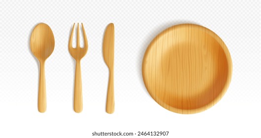 Wooden kitchen cutlery for dinner. Realistic 3d vector illustration set of eco tableware with brown wood texture - top view on plate, spoon, fork and knife. Ecological bamboo biodegradable dishware.