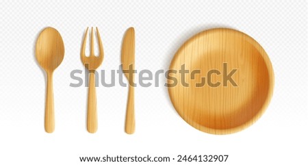 Wooden kitchen cutlery for dinner. Realistic 3d vector illustration set of eco tableware with brown wood texture - top view on plate, spoon, fork and knife. Ecological bamboo biodegradable dishware.