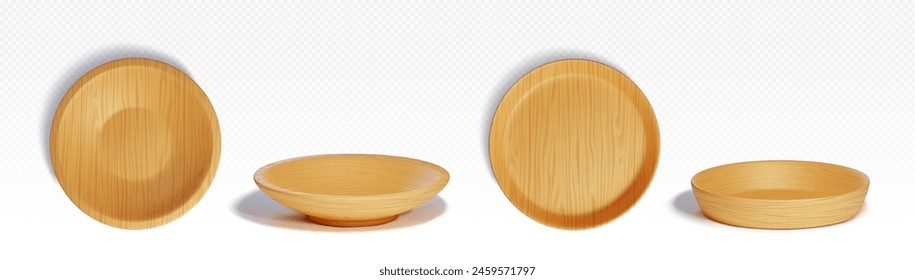 Wooden kitchen cutlery realistic 3d vector illustration set. Empty eco tableware with brown wood texture - side and top view on bowl plate and tray. Ecological bamboo dishware of circular shape.