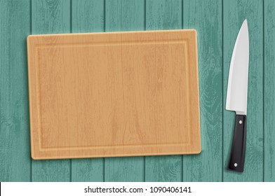 Wooden kitchen cutting board with a knife. Stock vector illustration.