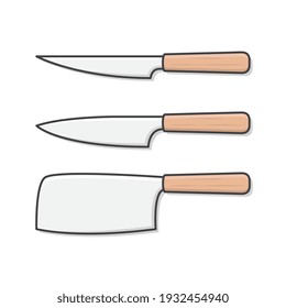 Wooden Kitchen Knife Vector Icon Illustration Set. Chef Knife Kitchen And Cooking Utensils. Knife Flat Icons