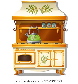 Wooden kitchen set with a gas stove and a shelf for spices isolated on white background. Vector cartoon close-up illustration.