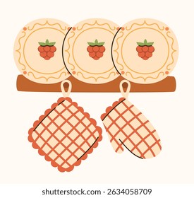 Wooden kitchen shelf with plates and potholders. Flat vector illustration.