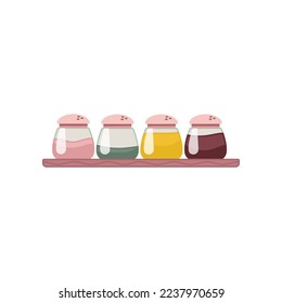 Estante de cocina de madera para la ilustración vectorial de especias. Estante para especias aisladas en fondo blanco. Concepto de utensilios de cocina
