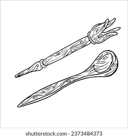 Wooden kitchen spoon, fork. Vector elements. Doodle sketch drawing. Design of product, packaging, paper.