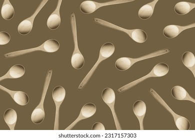 Wooden kitchen spoons scattered randomly on a brown background. Concept of cooking and food preparation