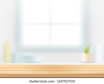 Wooden kitchen table against a blurred window. Vector illustration