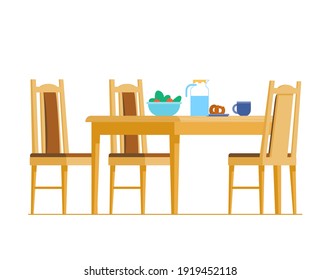Wooden Kitchen Table With Chairs With Food And Drinks On It Flat Vector Illustration. Isolated On White.
