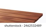 Wooden kitchen table corner, perspective view with texture. Wood tabletop angle surface for product presentation. 3d empty garden desk on foreground for dining display in rustic restaurant template