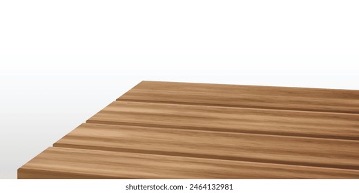 Mesa de cocina de madera esquina, vista en perspectiva con textura. Superficie del ángulo de la tableta de madera para la presentación del producto. 3d mesa de jardín vacía en primer plano para la exhibición del comedor en la Plantilla del restaurante rústico