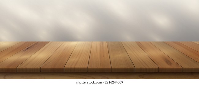 Wooden kitchen tabletop with sunlight, wood table foreground front view, light brown rustic countertop and wall with light spots on surface. , Realistic vector background, 3d illustration, mock up