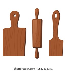 Wooden kitchen tools for cooking food isolated on white background. Vectro cartoon set of culinary spatula, rolling pin and cutting board. Kitchenware, utencil