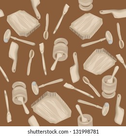 Wooden kitchen tools hand drawn pattern over a brown background