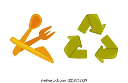 Wooden Kitchen Tools and Recycle Symbol for Zero Waste Use and Planet Conservation Vector Set