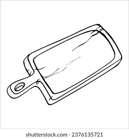 Wooden kitchen utensils, cutting board, dishes, carved wood. Vector doodling graphics. Isolated elements. Hand drawing. Design for product, cards, packaging, crafts, paper and fabric.