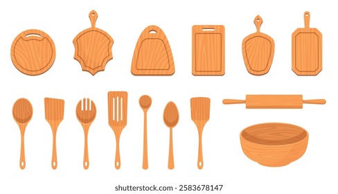 Wooden kitchen utensils. Different kitchenware, natural materials dishes, cutting boards for food chopping, spoons and spatulas, rolling pin nowaday vector cartoon flat isolated illustration set